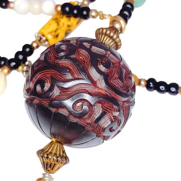 VTG Necklace Treasure Glass Carved Shell Gemstone Coral Trade Style Bead Heishi - Picture 4 of 14